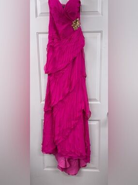 Fuchsia Strapless Ruffled Evening Gown with Embellished Waist